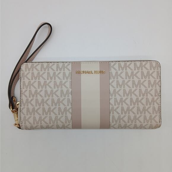 Michael Kors Signature Center Stripe Jet Set Travel Continental Wristlet Pink - Picture 1 of 7